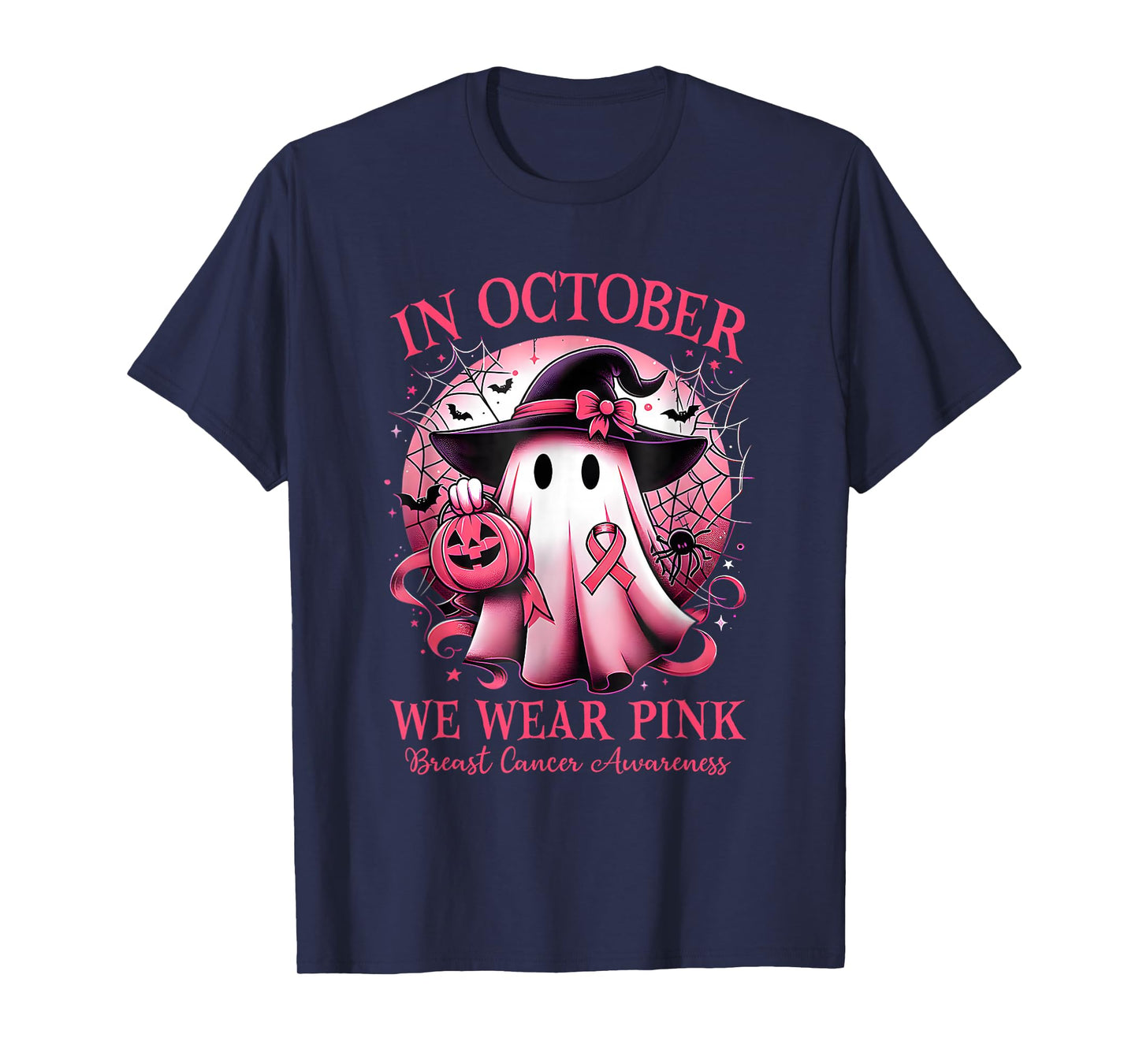 in October We Wear Pink Witch Ghost Breast Cancer T-Shirt