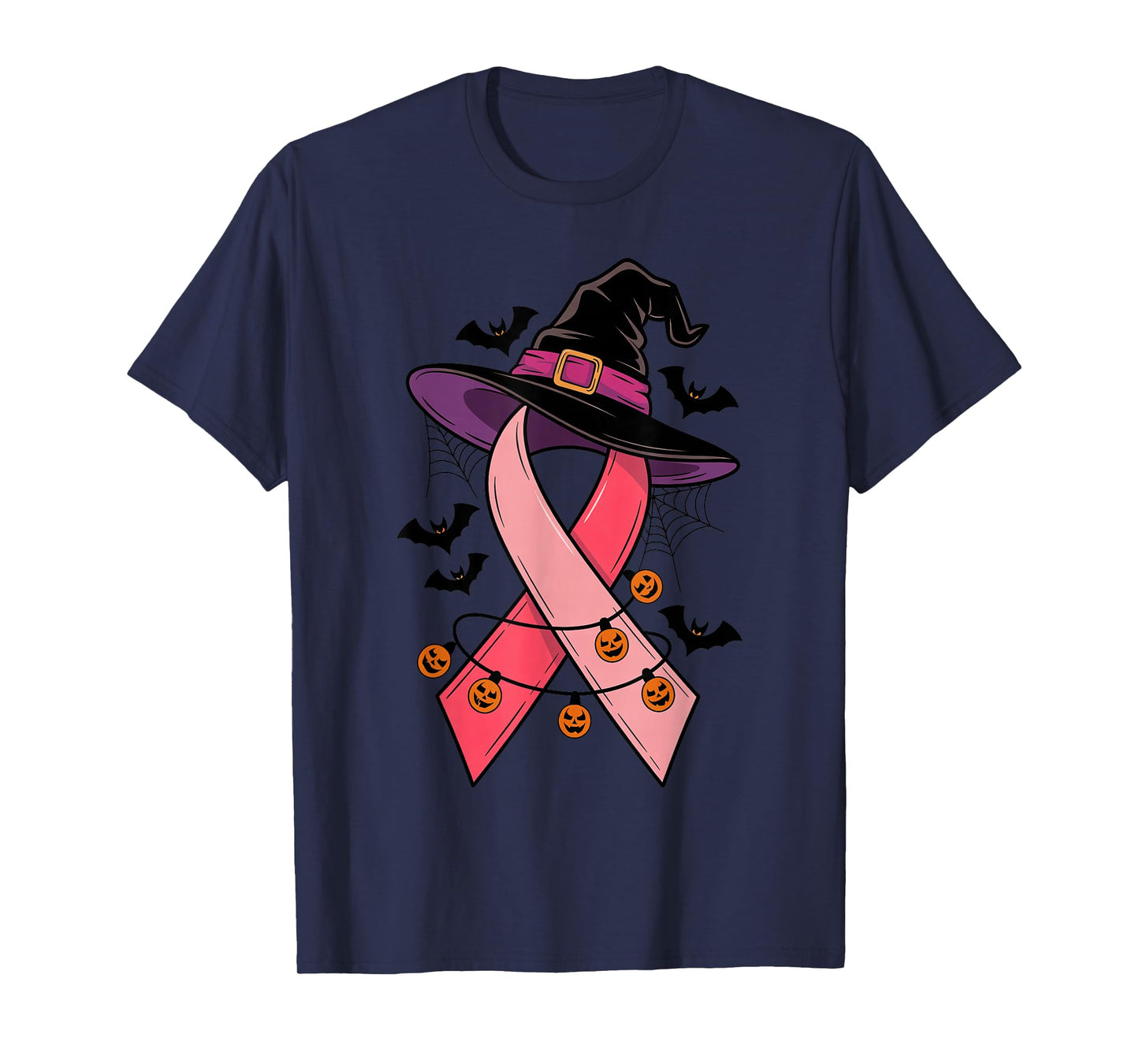Pink Ribbon Witch Hat Bats Halloween Breast Cancer Survivor T-Shirt