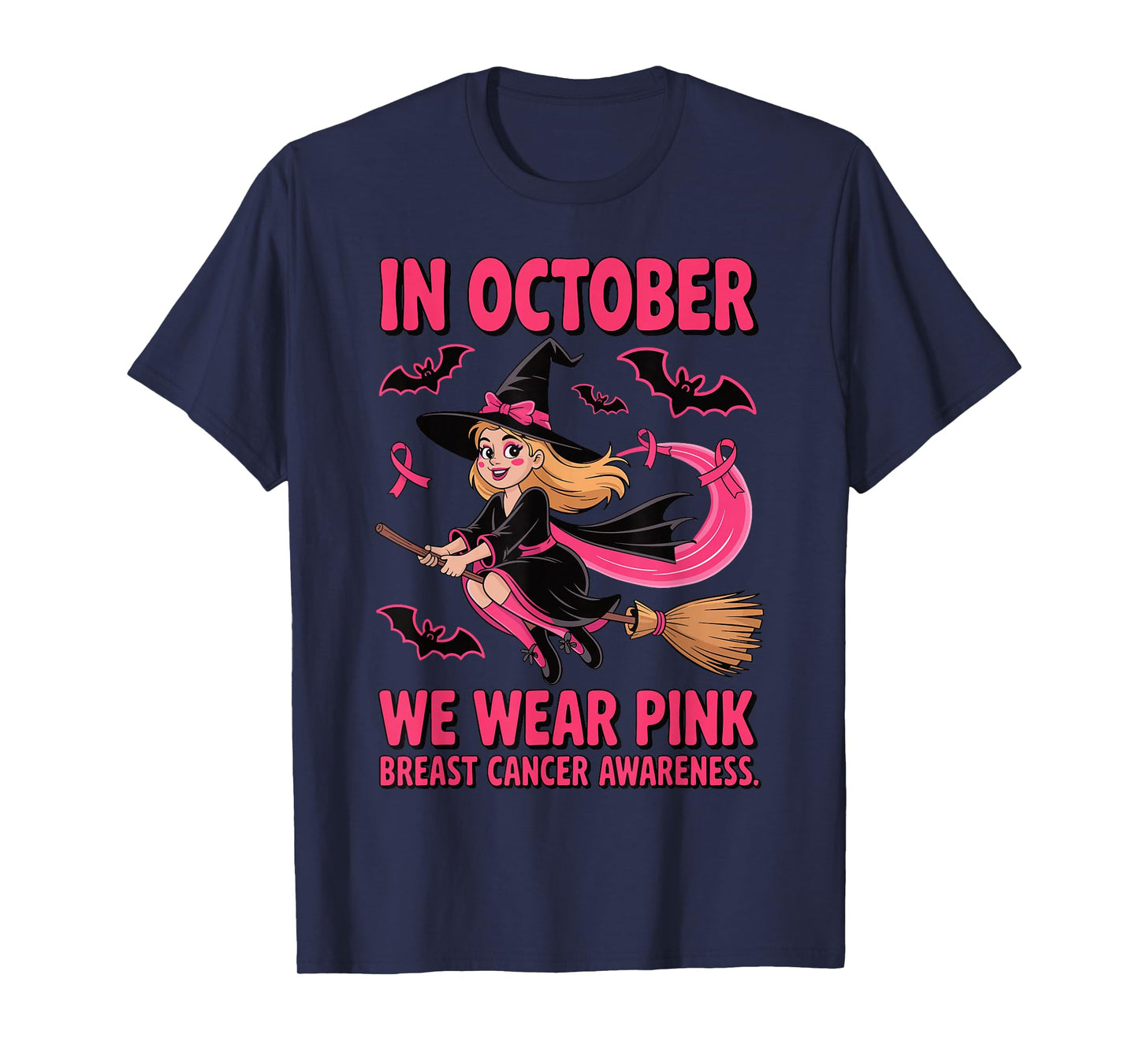 We Wear Pink in October Breast Cancer Women Halloween Witch T-Shirt