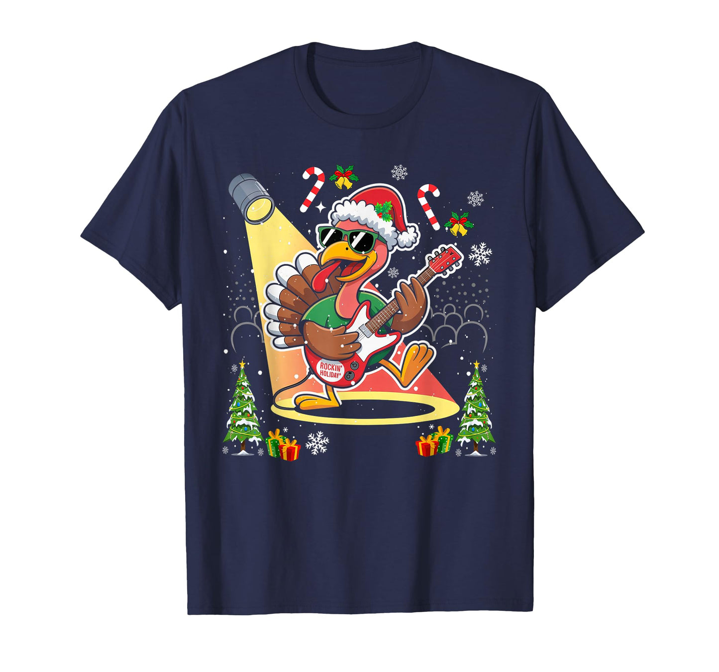 Funny Thanksgiving Santa Hat Turkey Rock Star Playing Guitar T-Shirt