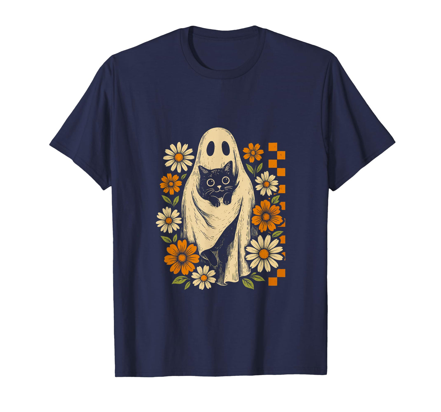Vintage Halloween Ghost Holding Black Cat Groovy Floral T-Shirt