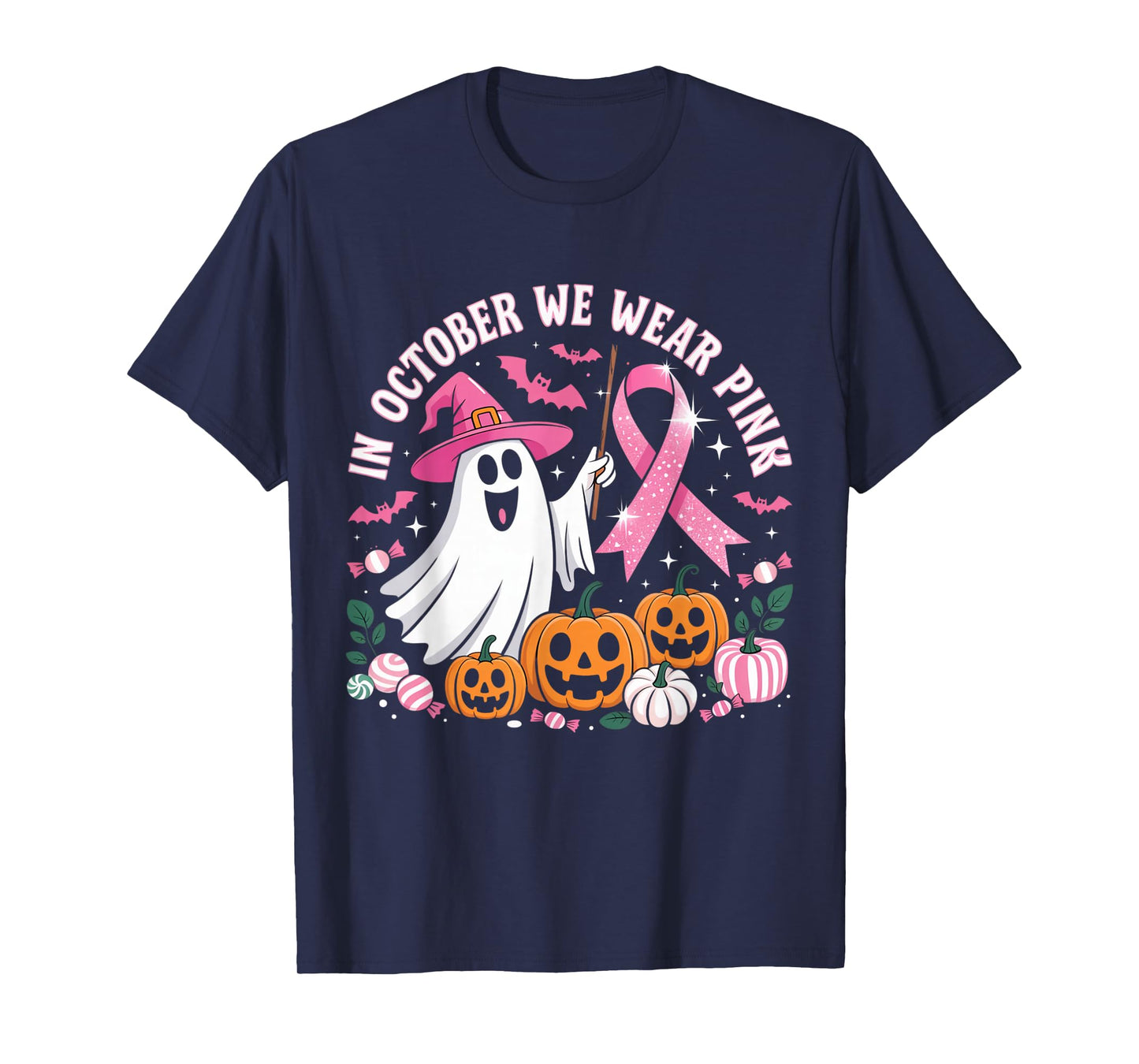 in October We Wear Pink Ghost Witch Breast Cancer Awareness T-Shirt