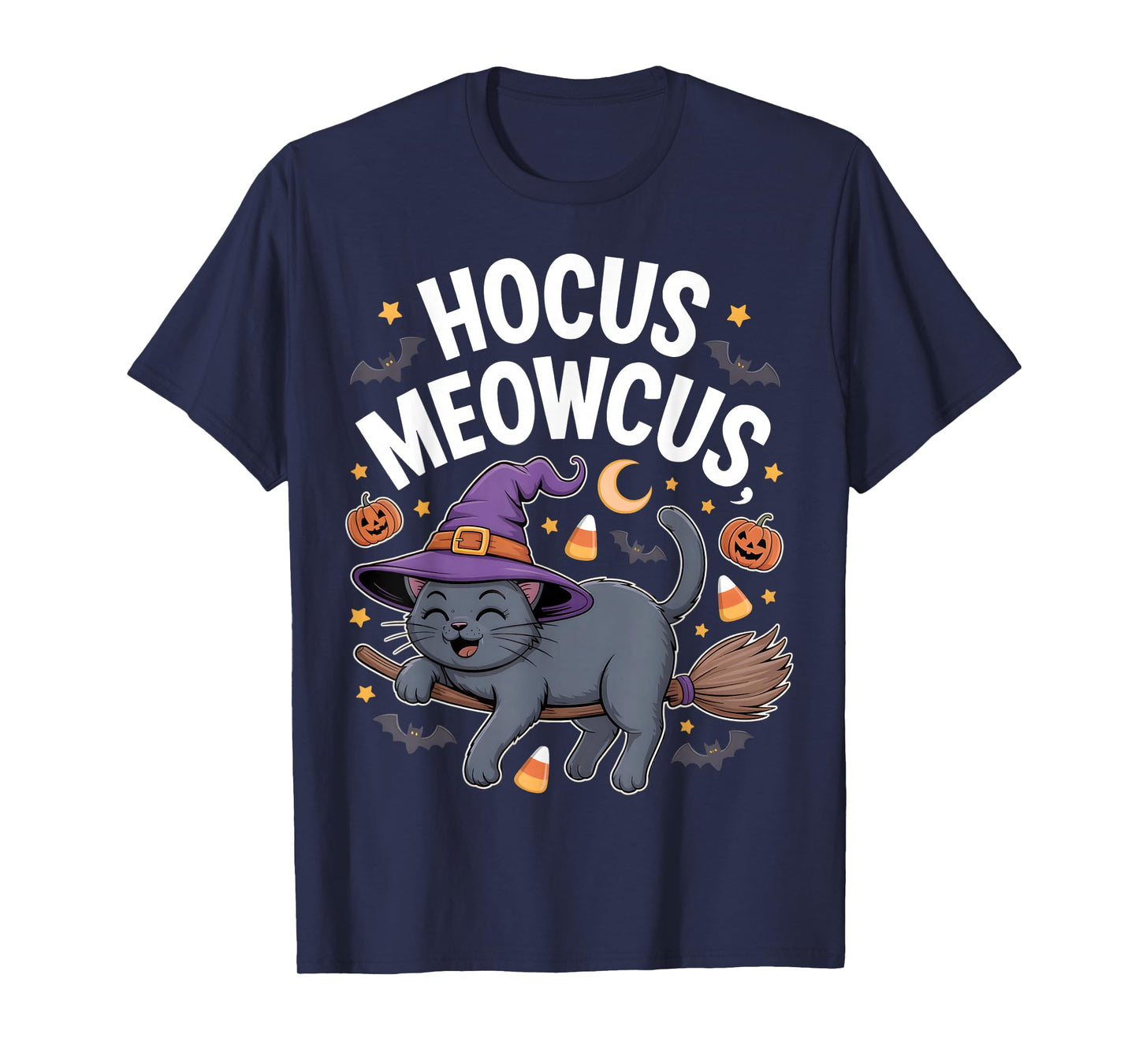 Hocus Meowcus Black Cat Broom Vintage Cat Halloween Costume T-Shirt