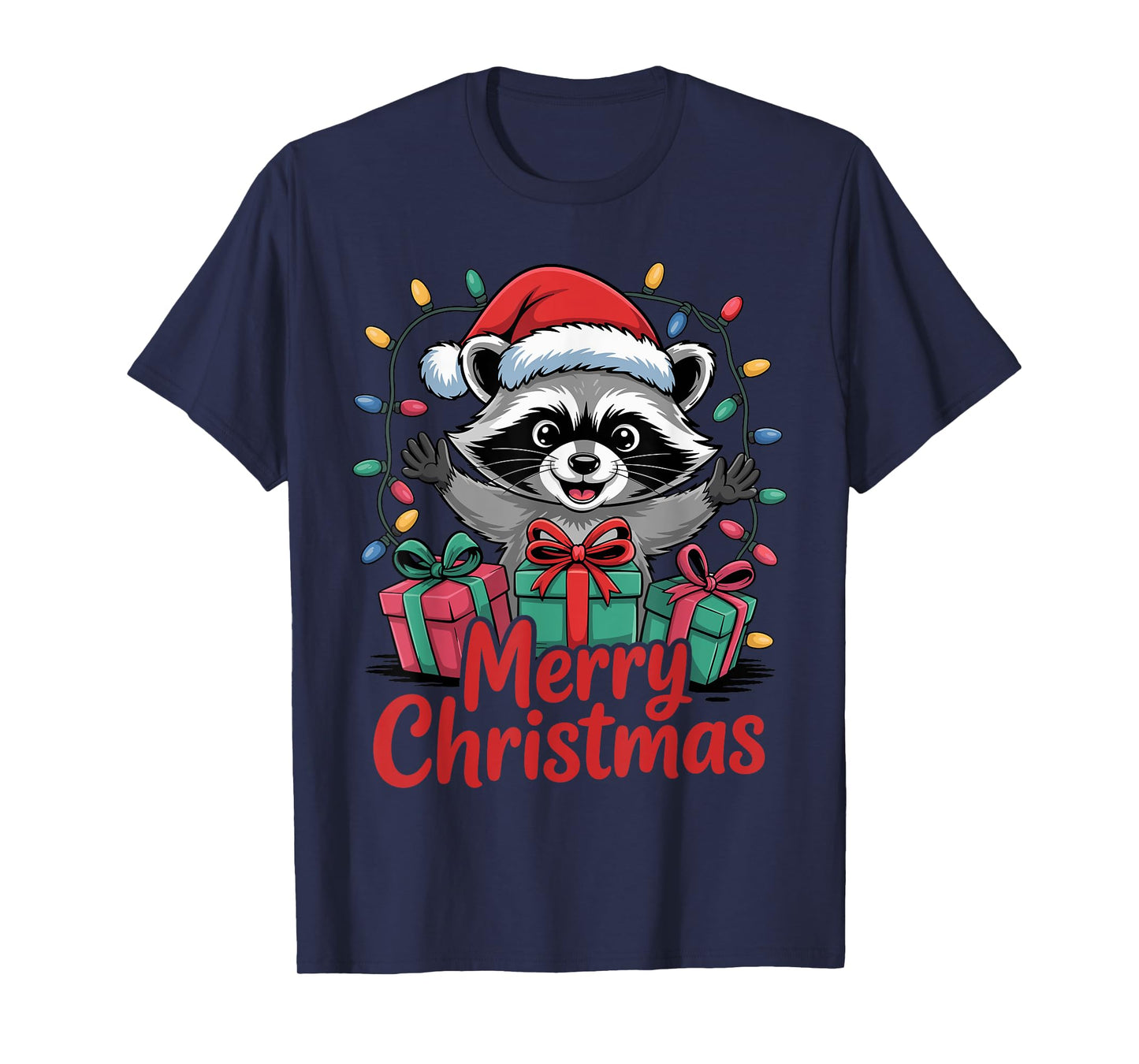 Funny Raccoon Santa Hat Animals Lovers Ugly Christmas Pajama T-Shirt