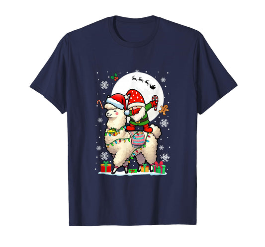 Dabbing Gnome On Llama Christmas Santa Colorful Lights T-Shirt