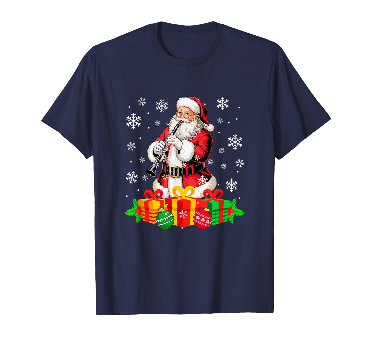 Santa Playing Clarinet Instrument Colorful Christmas Boxes T-Shirt