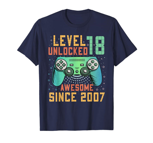 Awesome Since 2007 18 Birthday Boy Gamer Gifts Level 18 Unlocked 18th Birthday Black Gaming T-Shirt