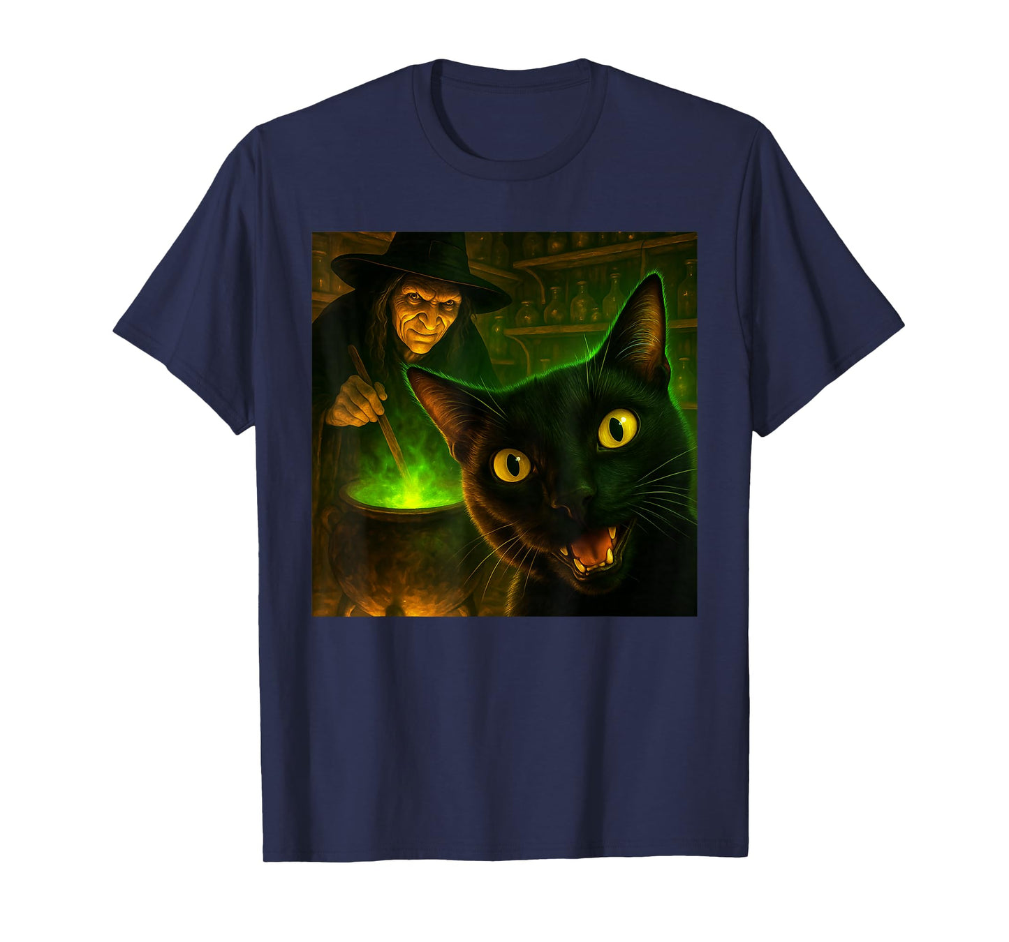 Funny Halloween Spooky Black Cat Witch Cauldron Selfie T-Shirt