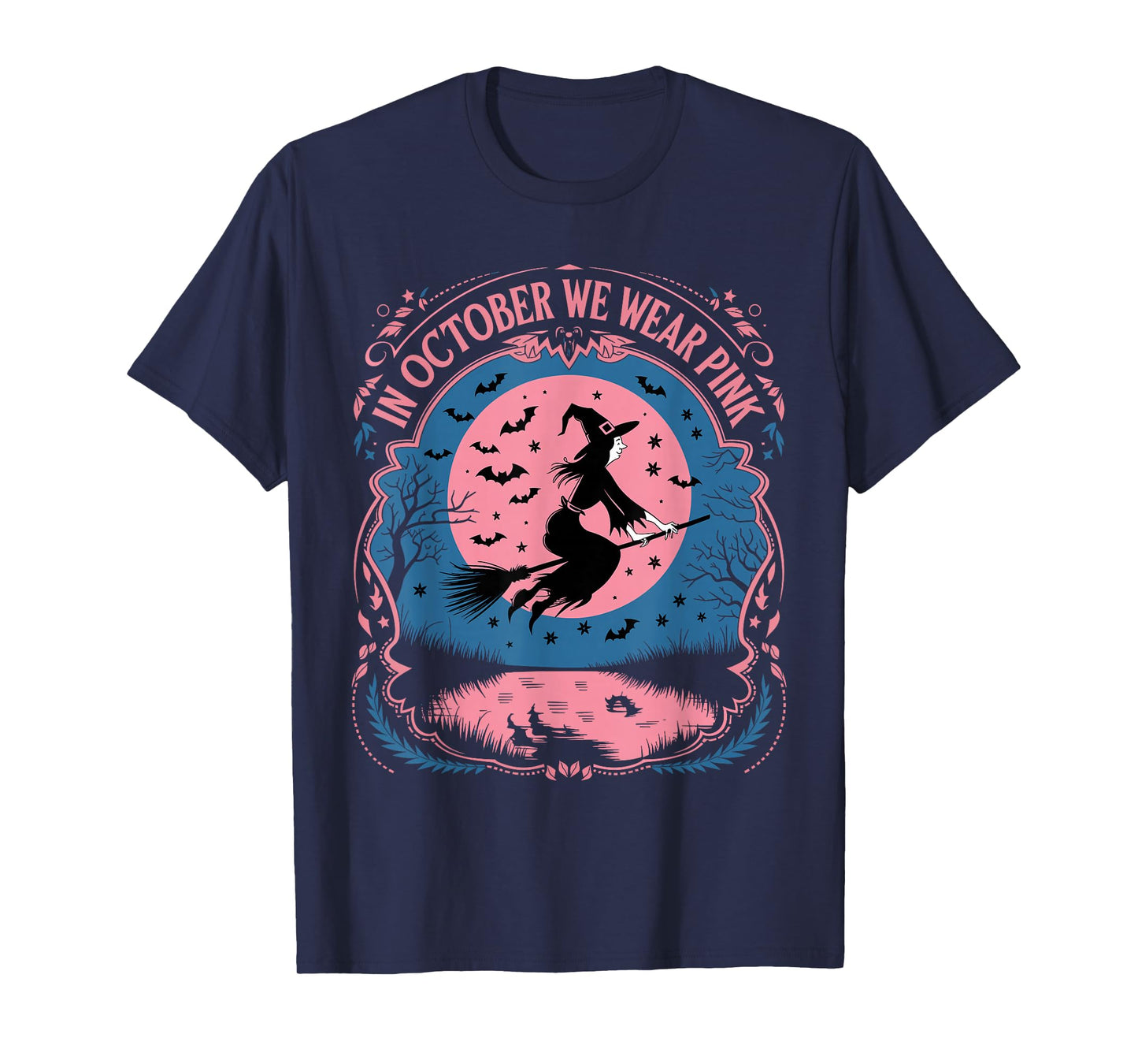 Retro in October We Wear Pink Witch Halloween Breast Cancer T-Shirt