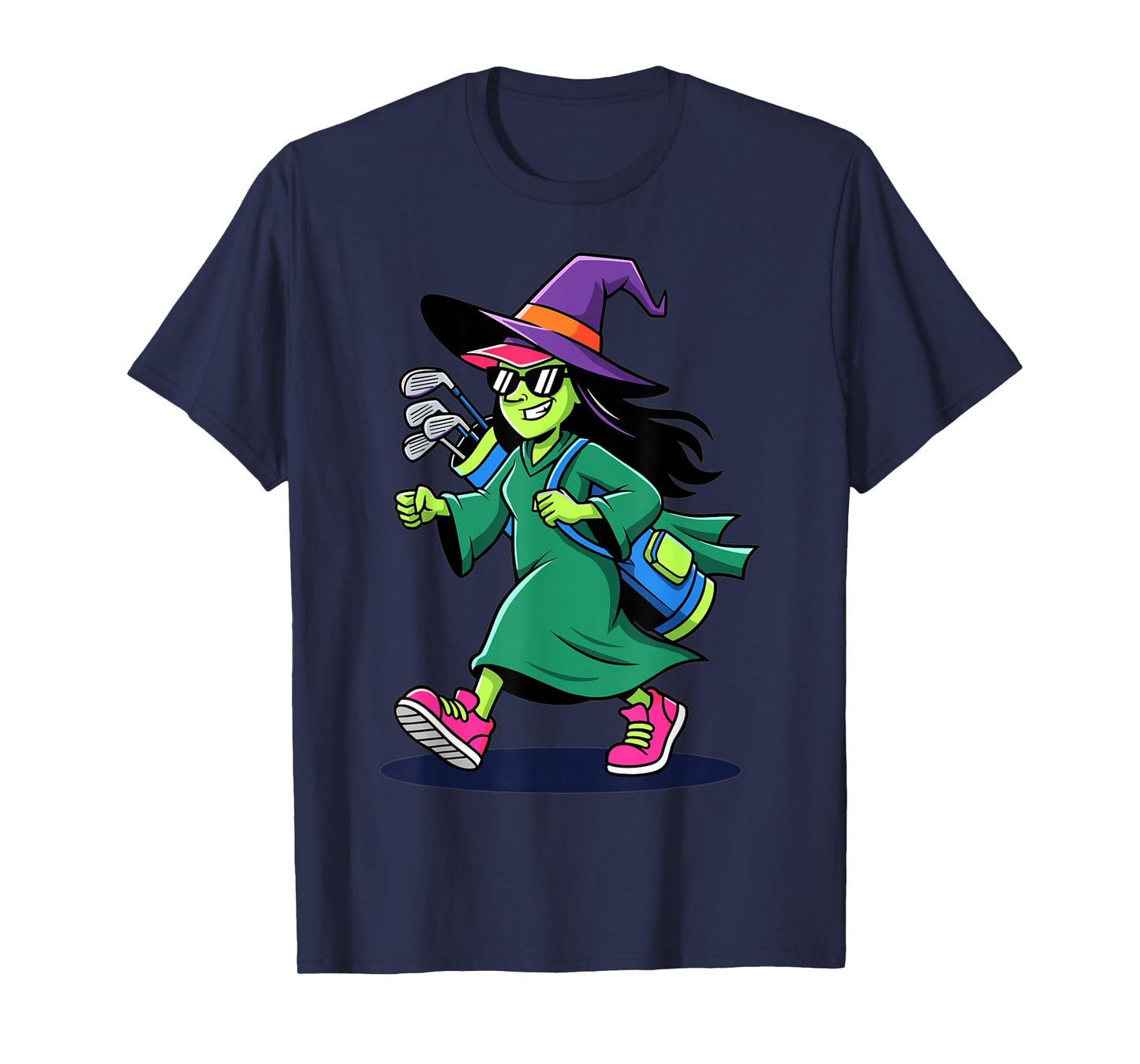Funny Witch Playing Golf Cartoon Halloween Design T-Shirt