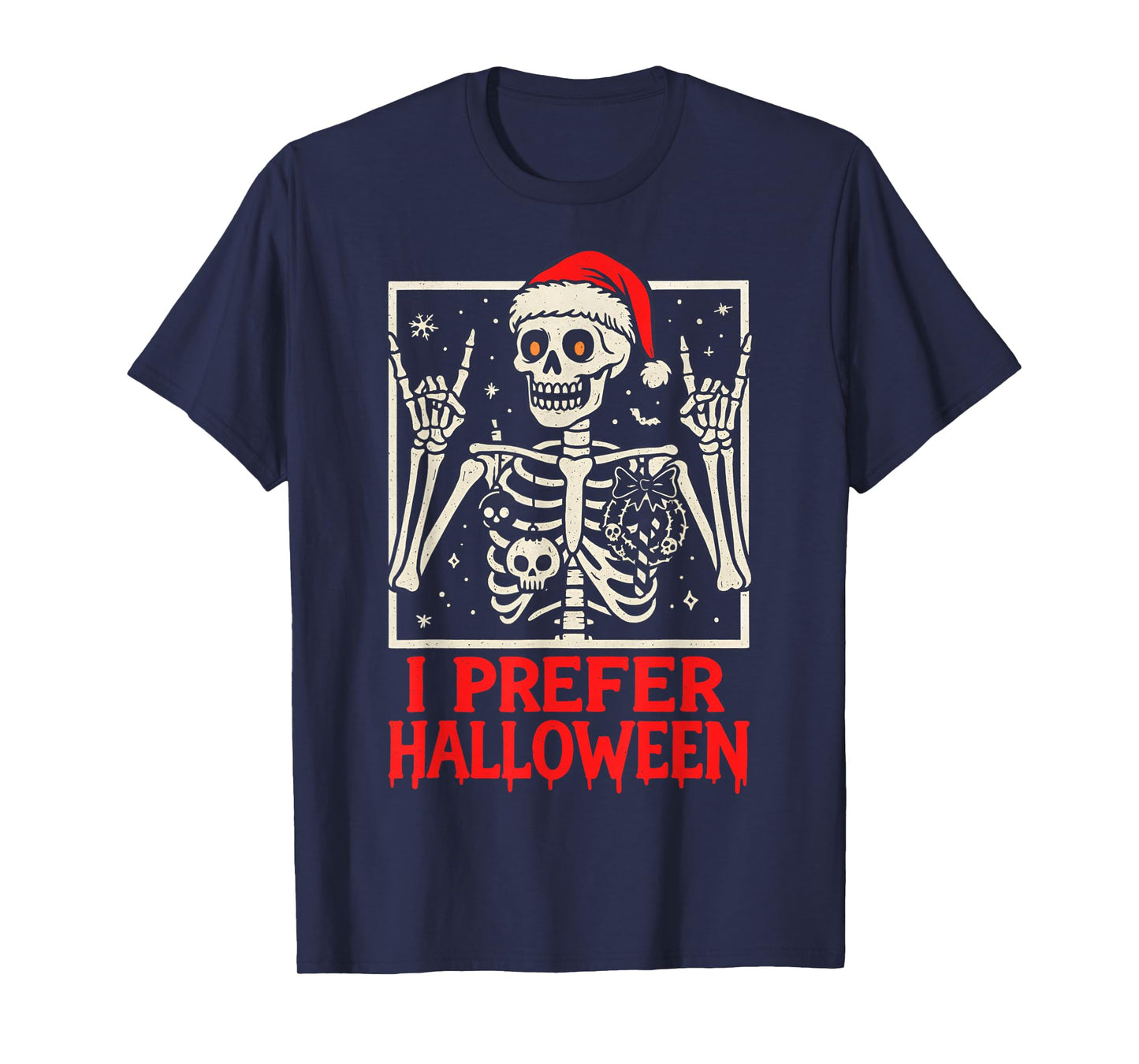 Rock Skeleton Santa Hat Christmas Halloween Lover T-Shirt