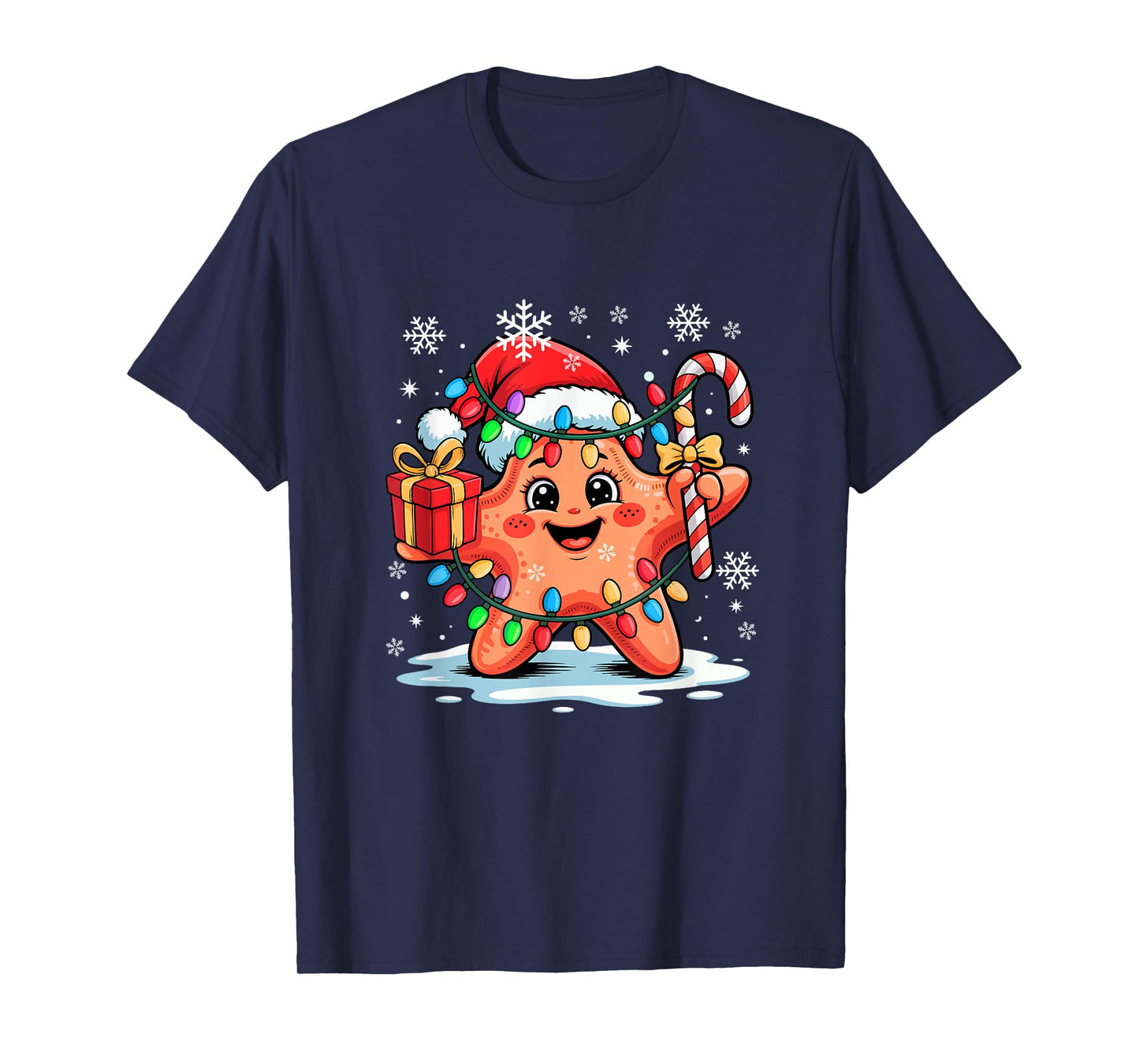 Santa Starfish Holding Candy Cane Xmas Box Colorful Lights T-Shirt