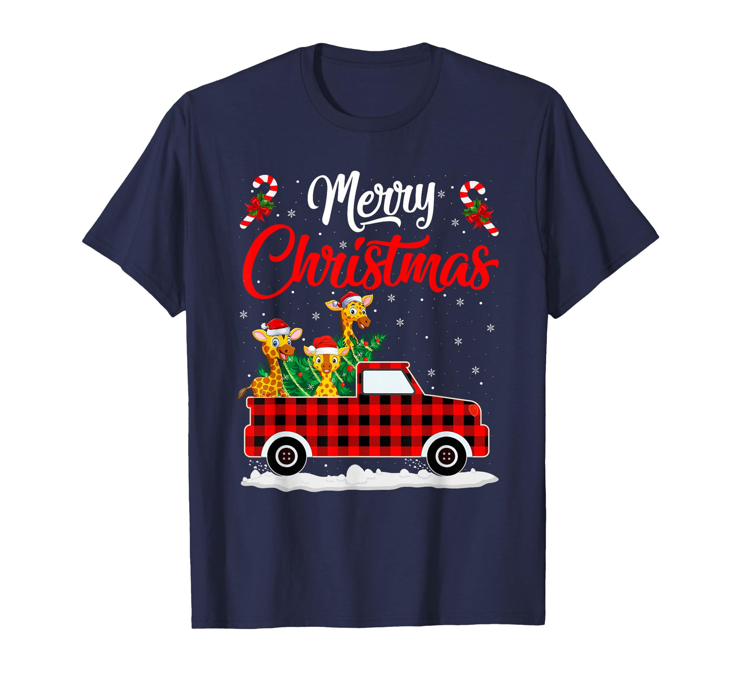 Giraffe Merry Christmas Tree Red Truck Buffalo Plaid Xmas T-Shirt