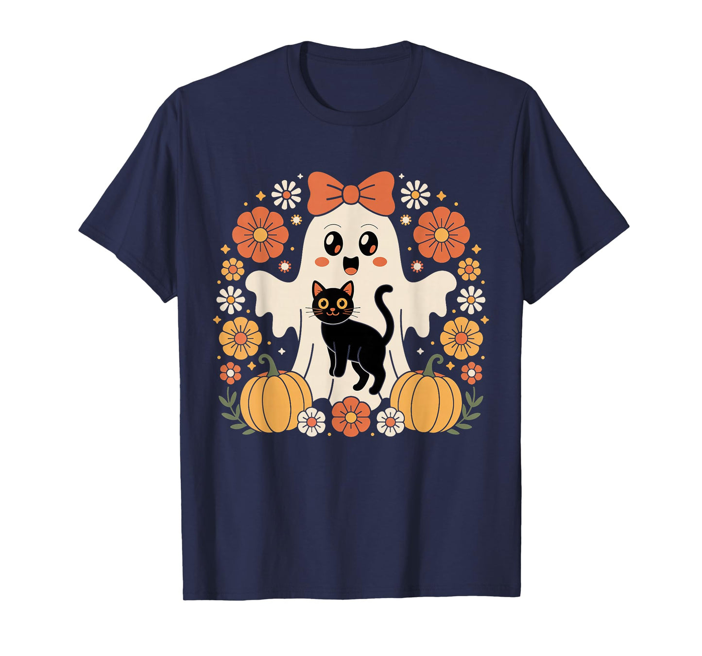 Vintage Halloween Ghost Holding Black Cat Groovy Floral T-Shirt