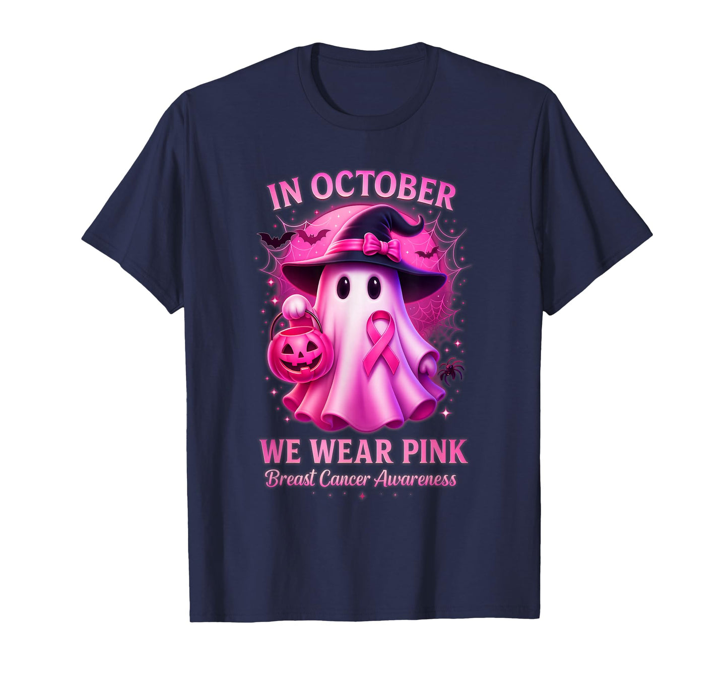 in October We Wear Pink Witch Ghost Breast Cancer Awareness T-Shirt