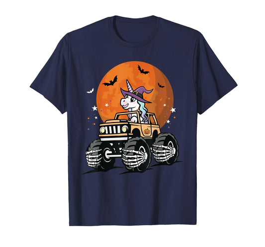 Cute Unicorn Witch Riding Skeleton Truck Halloween for Kids T-Shirt