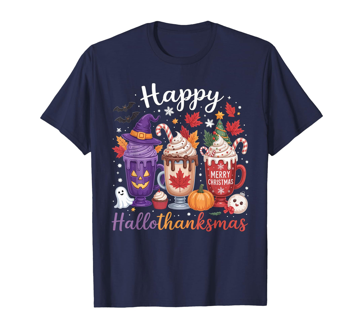 Happy Hallothanksmas Coffee Lover Halloween Merry Christmas T-Shirt
