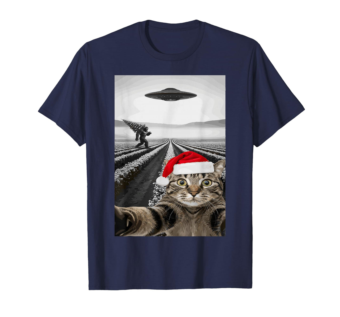 Christmas Cat Selfie Bigfoot UFO Funny Holiday Design T-Shirt
