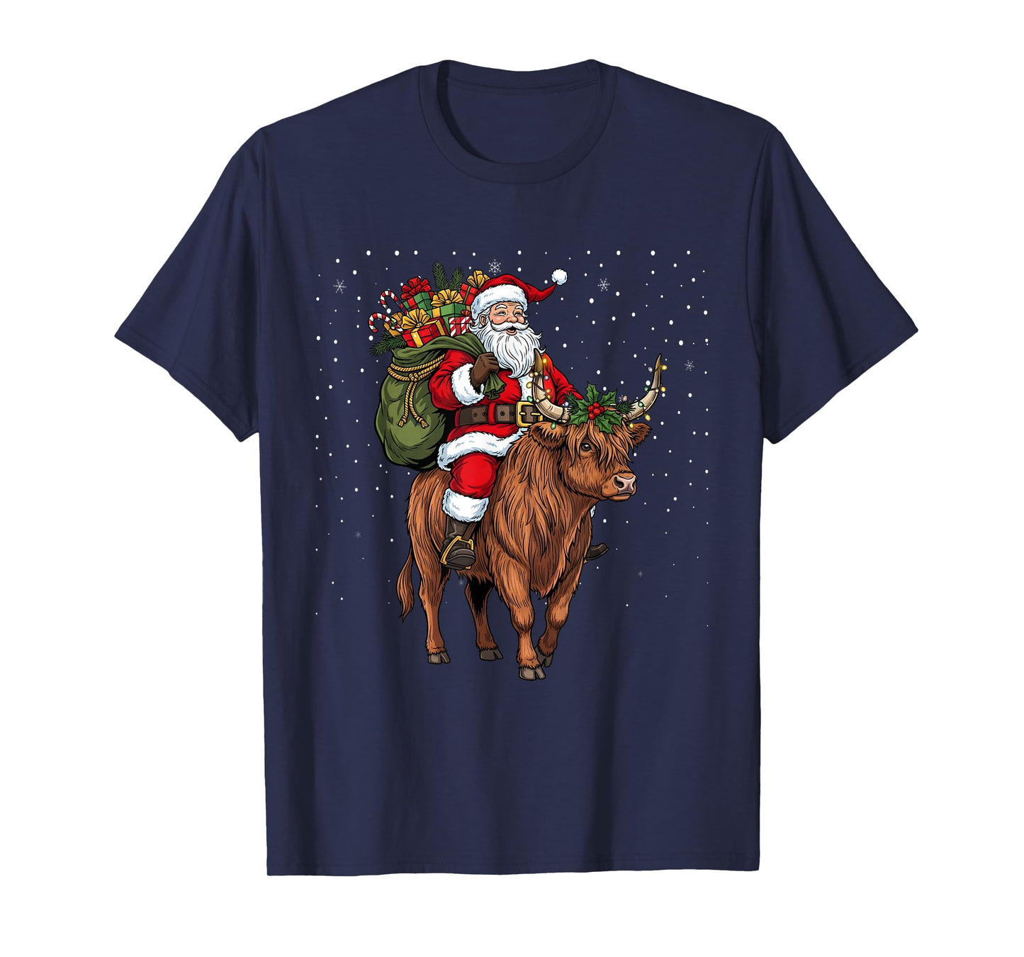 Santa Riding Highland Cow Christmas T-Shirt