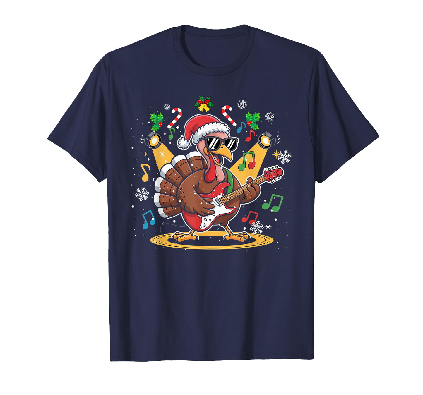 Funny Thanksgiving Santa Hat Turkey Rock Star Playing Guitar T-Shirt