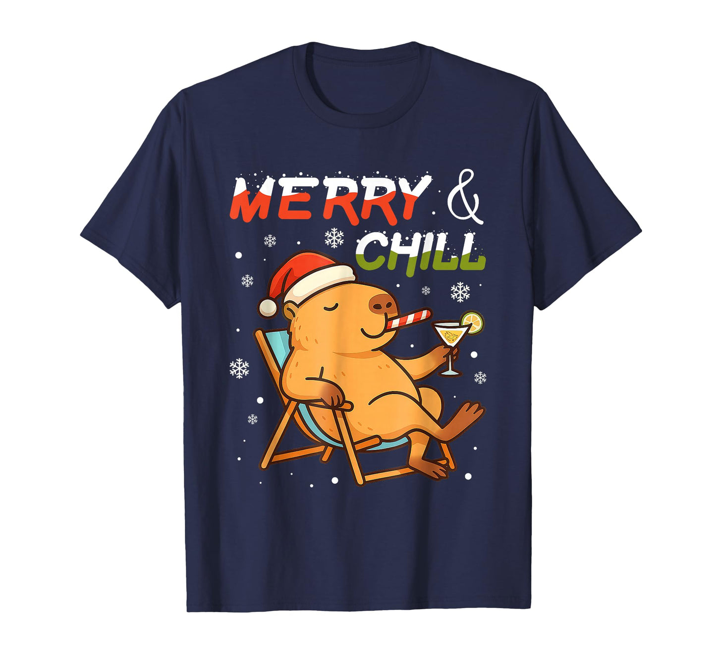Merry and Chill Capybara Santa Hat Christmas T-Shirt