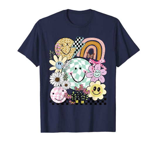 Funny Checkered Happy Smiling Smile Face Daisy Flower Girl T-Shirt