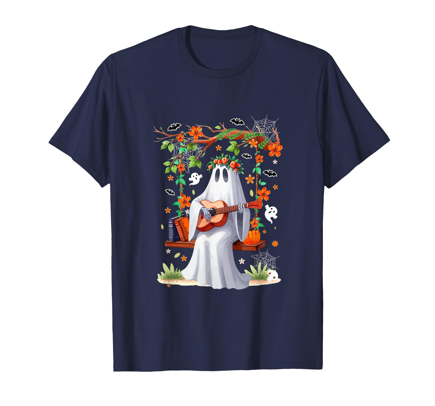 Cute Boo On Swing Playing Guitar Halloween Colorful Flowers T-Shirt