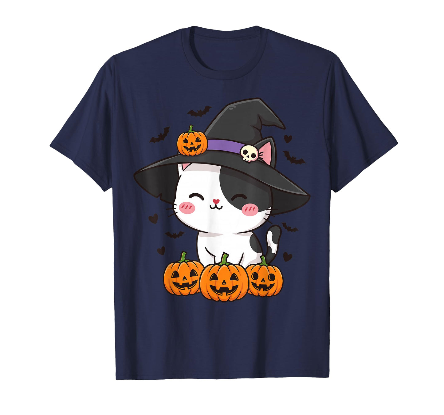 Kawaii Halloween Cat with Witch Hat Pumpkin T-Shirt