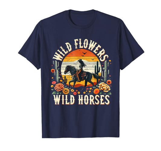 Sunset Cowgirl Riding Horse Wild Flowers Wild Horses T-Shirt