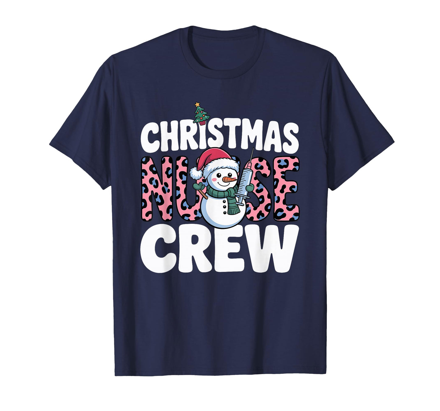 Nurse Christmas Crew Snowman Pink Leopard Print T-Shirt