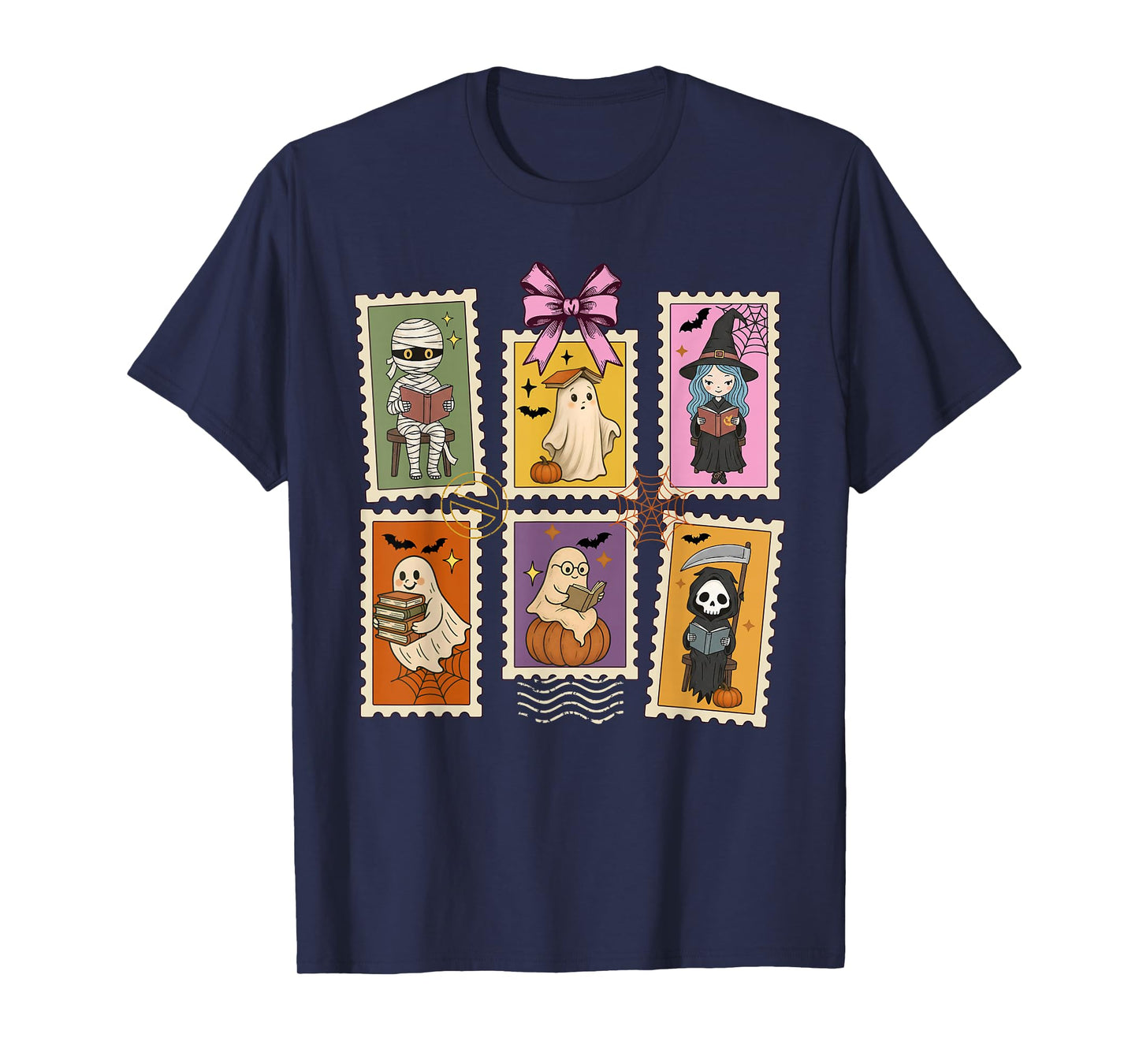 Halloween Teacher Ghost Reading Books Postage Stamp T-Shirt