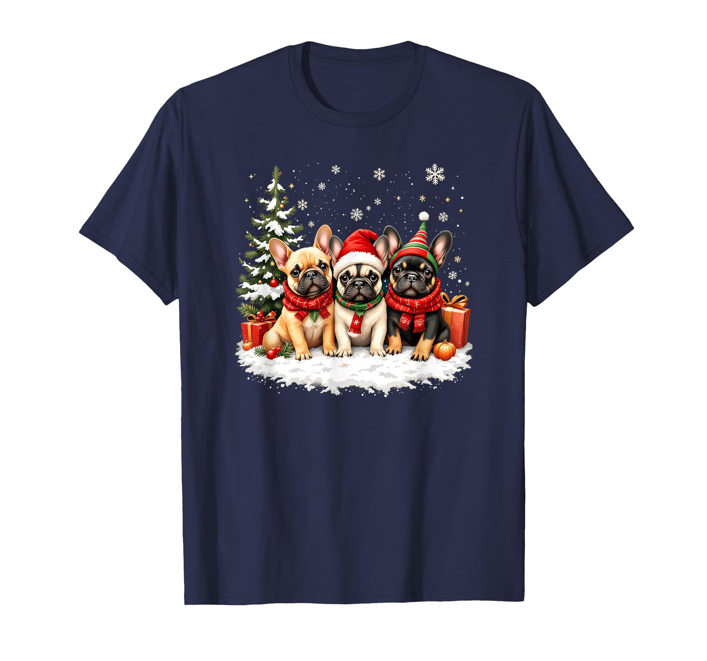 French Bulldog Christmas Trio with Santa Claus Snow Tree T-Shirt