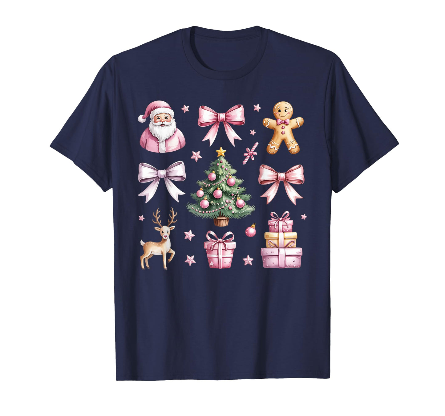 Cute Coquette Bow Pink Christmas Tree Santa Gingerbread Xmas T-Shirt