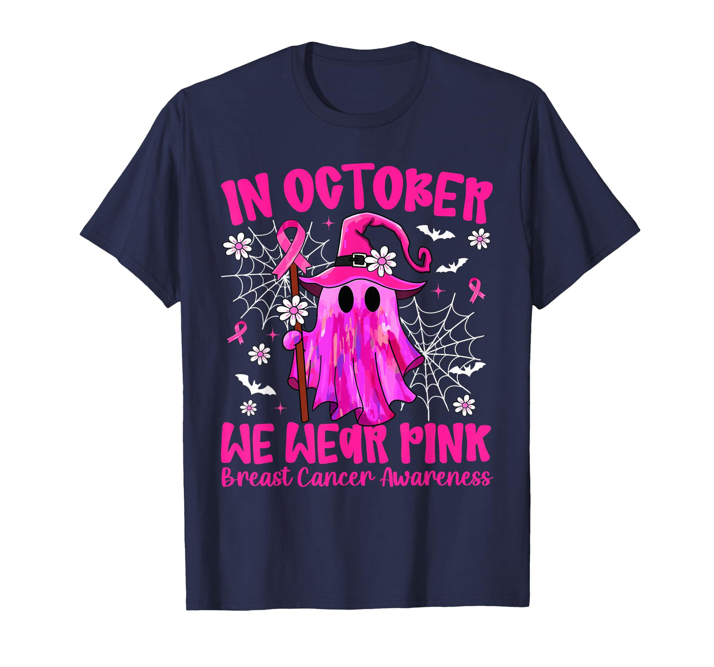 in October We Wear Pink Ghost Witch Breast Cancer Awareness T-Shirt
