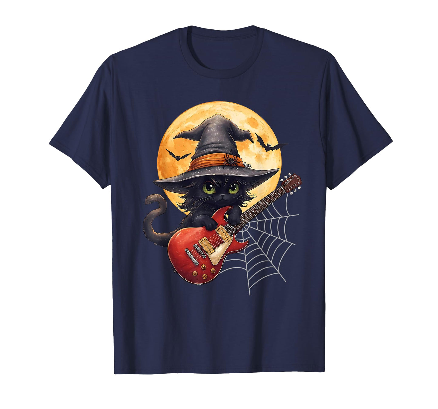 Witch Cat Playing Guitar Cat Halloween Cat Kitten Lover Kids T-Shirt