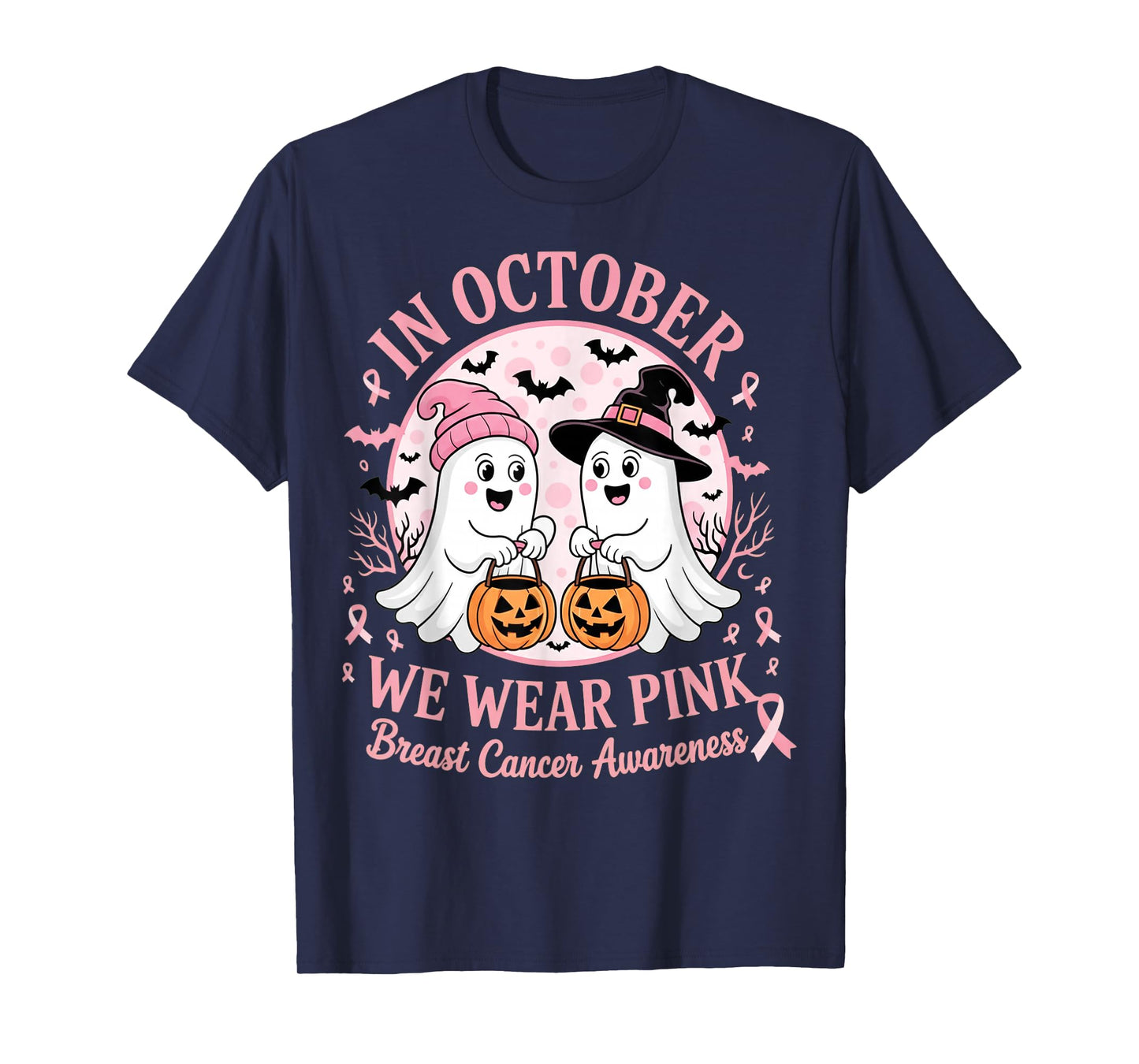 in October We Wear Pink Ghost Witch Breast Cancer Awareness T-Shirt