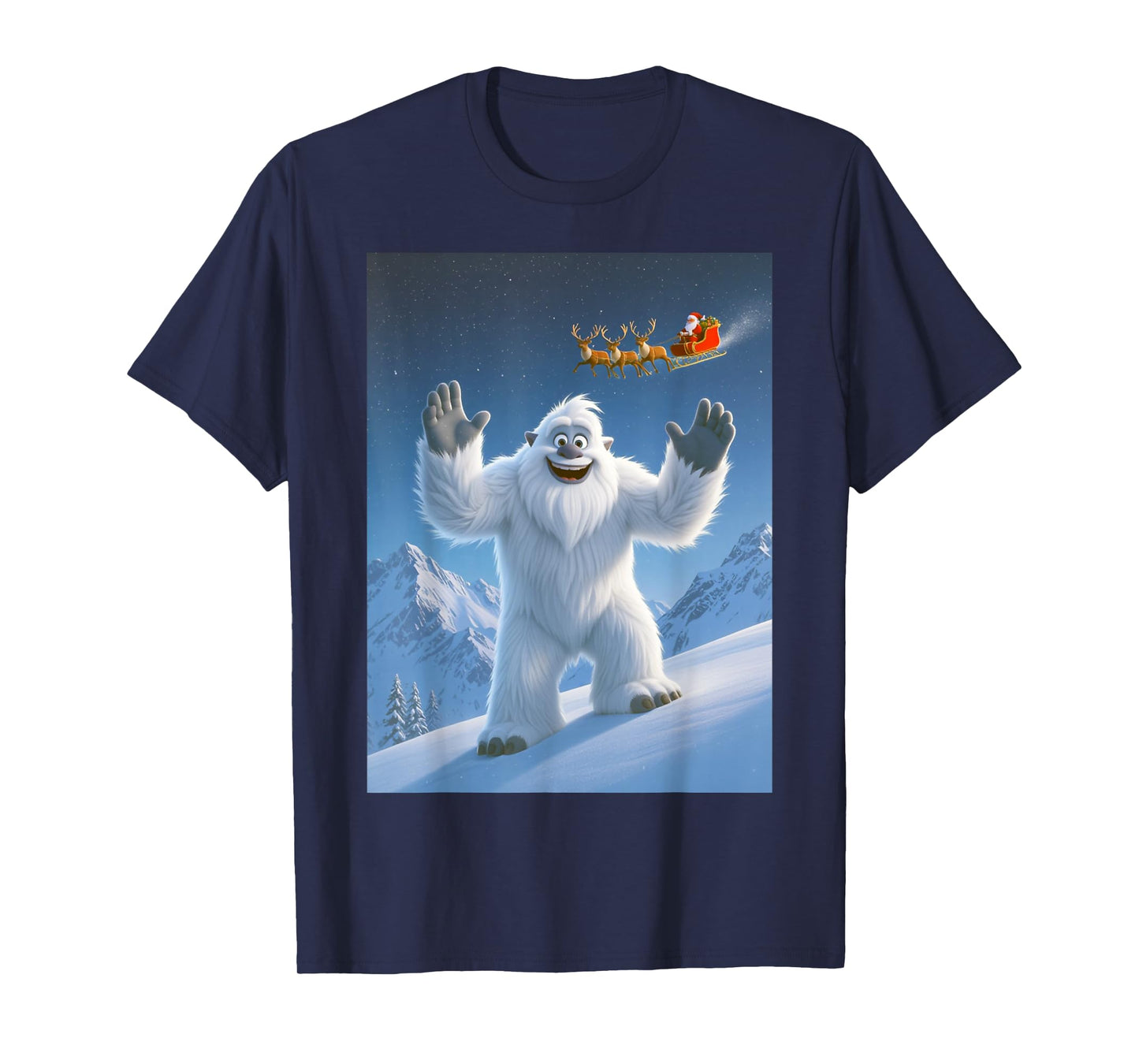 Yeti Waving at Santa Claus Flying Overhead Merry Christmas T-Shirt