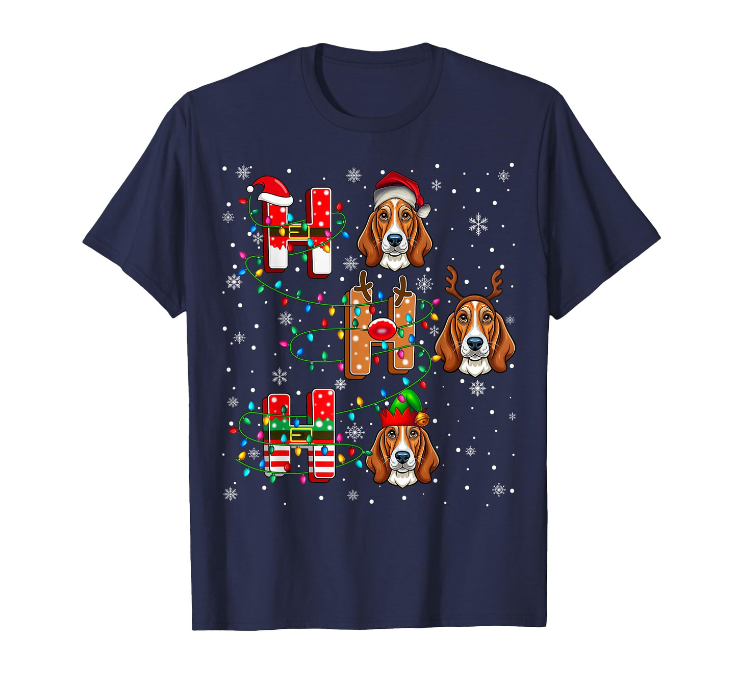 Ho Ho Santa Reindeer Hat Elf Matching Basset Hound Dog Xmas T-Shirt