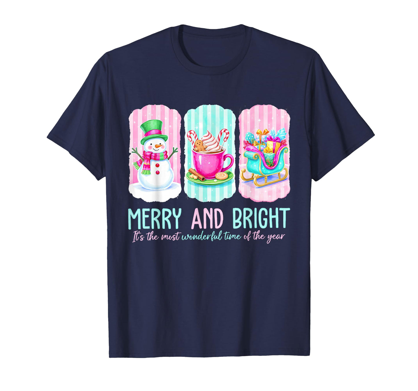 Merry and Bright Gingerbread Santa Snowman Christmas Women T-Shirt