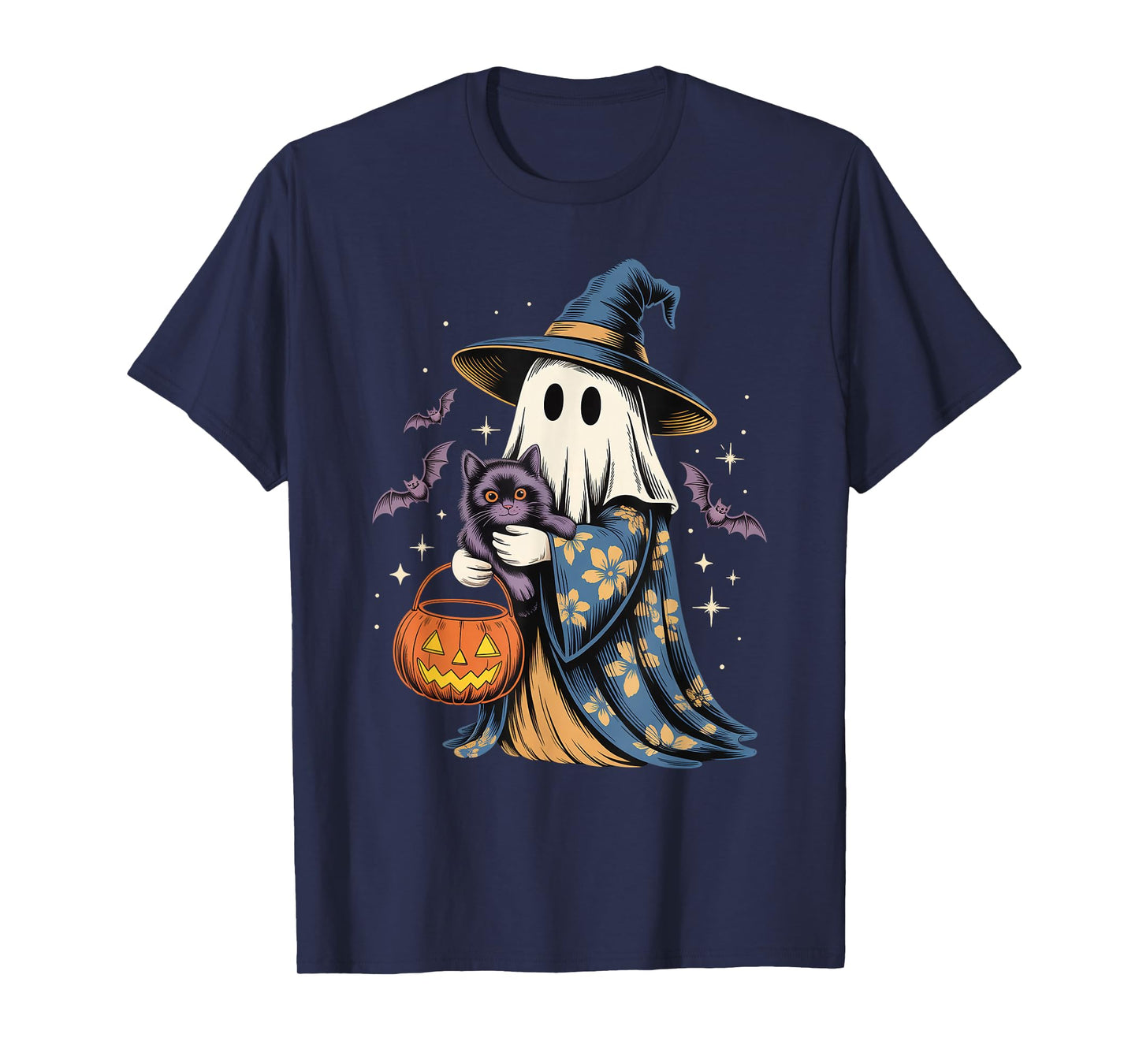 Vintage Halloween Ghost Holding Black Cat Groovy Floral T-Shirt
