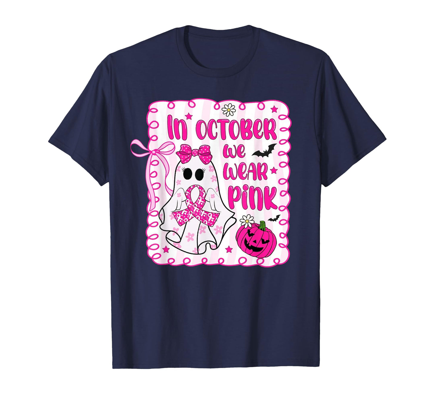 in October We Wear Pink Ghost Witch Breast Cancer Awareness T-Shirt
