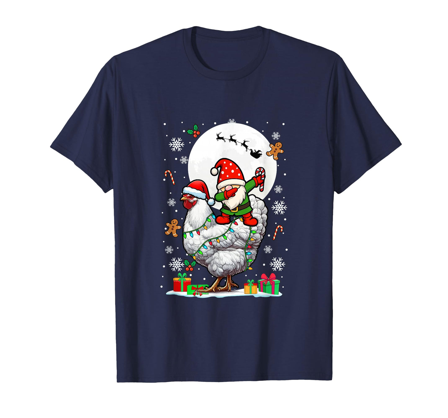 Dabbing Gnome On Chicken Christmas Santa Colorful Lights T-Shirt