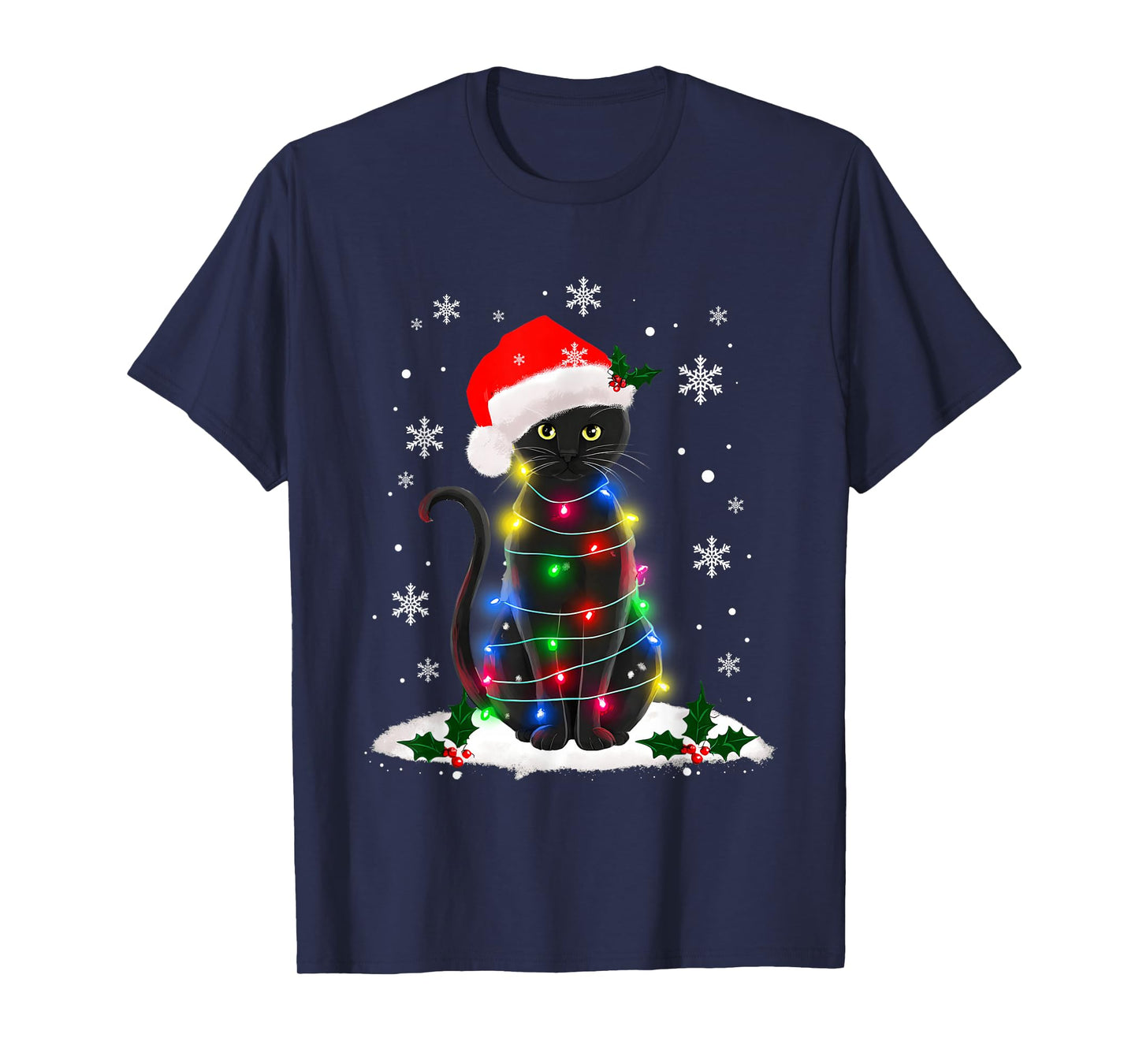 Funny Santa Kitten Black Cat Christmas Tree Lights T-Shirt