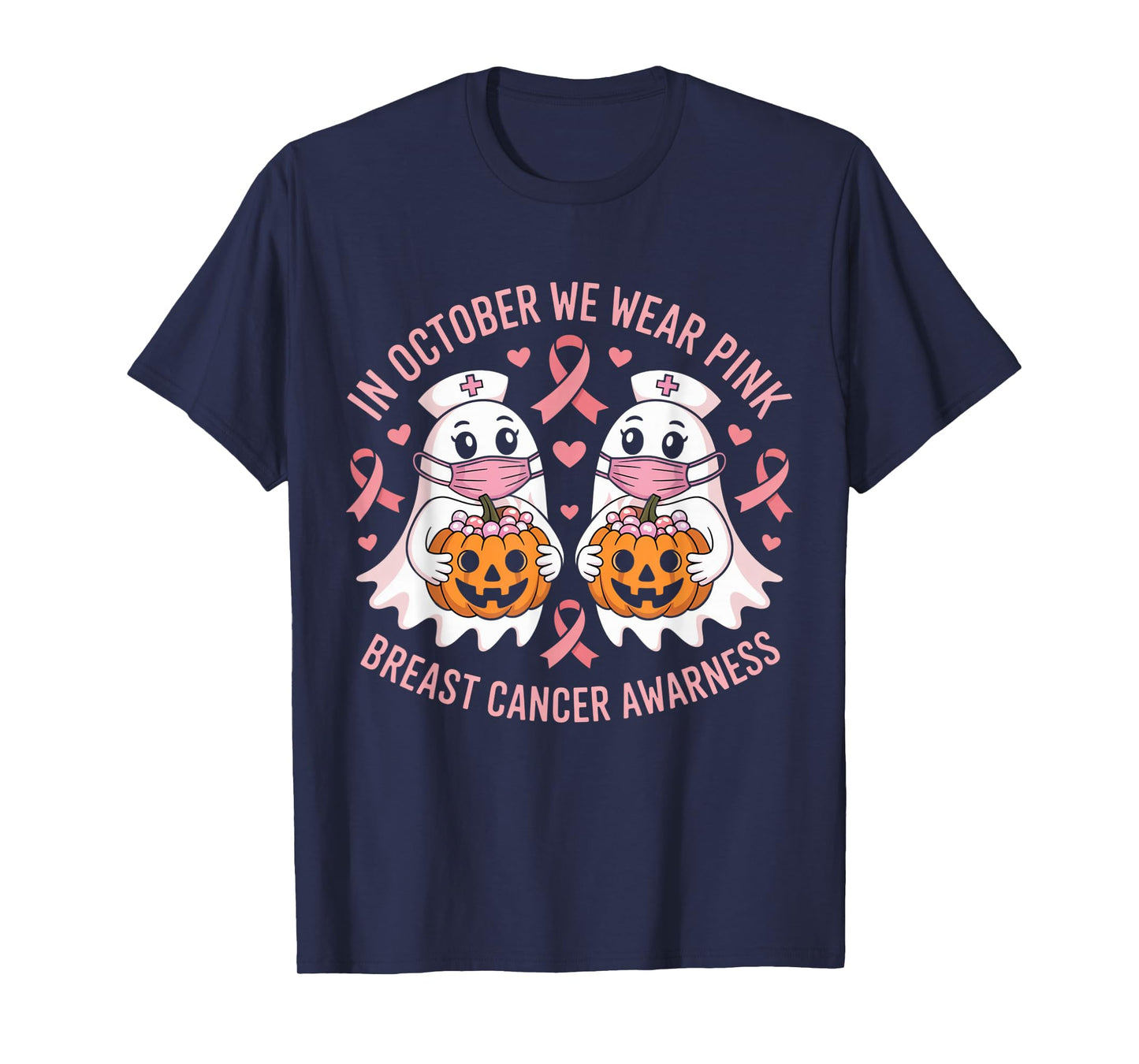 in October We Wear Pink Ghost Witch Breast Cancer Awareness T-Shirt