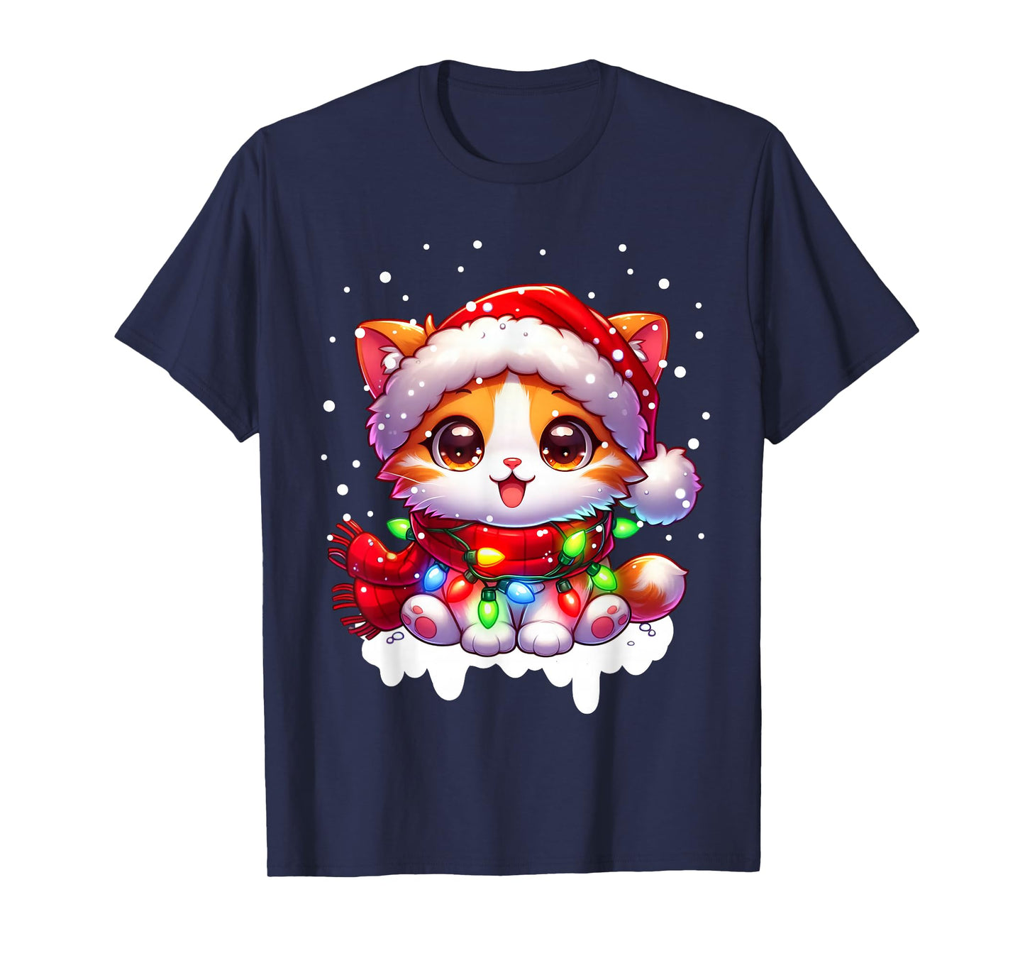 Funny Santa Cat Tangled Up in Christmas Lights Holiday Xmas T-Shirt