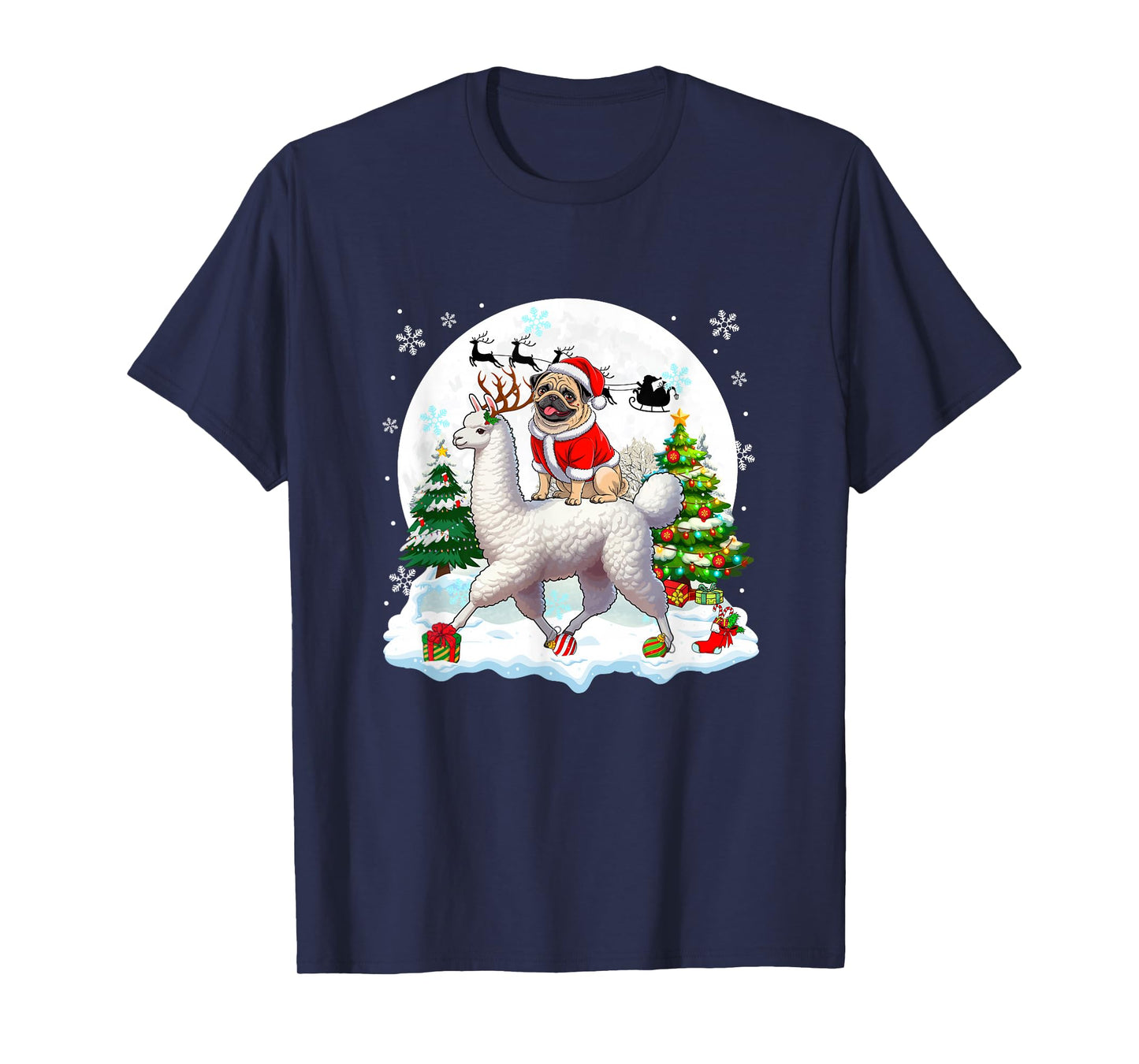 Santa Pug Riding Llama Reindeer Christmas Owner Kids T-Shirt