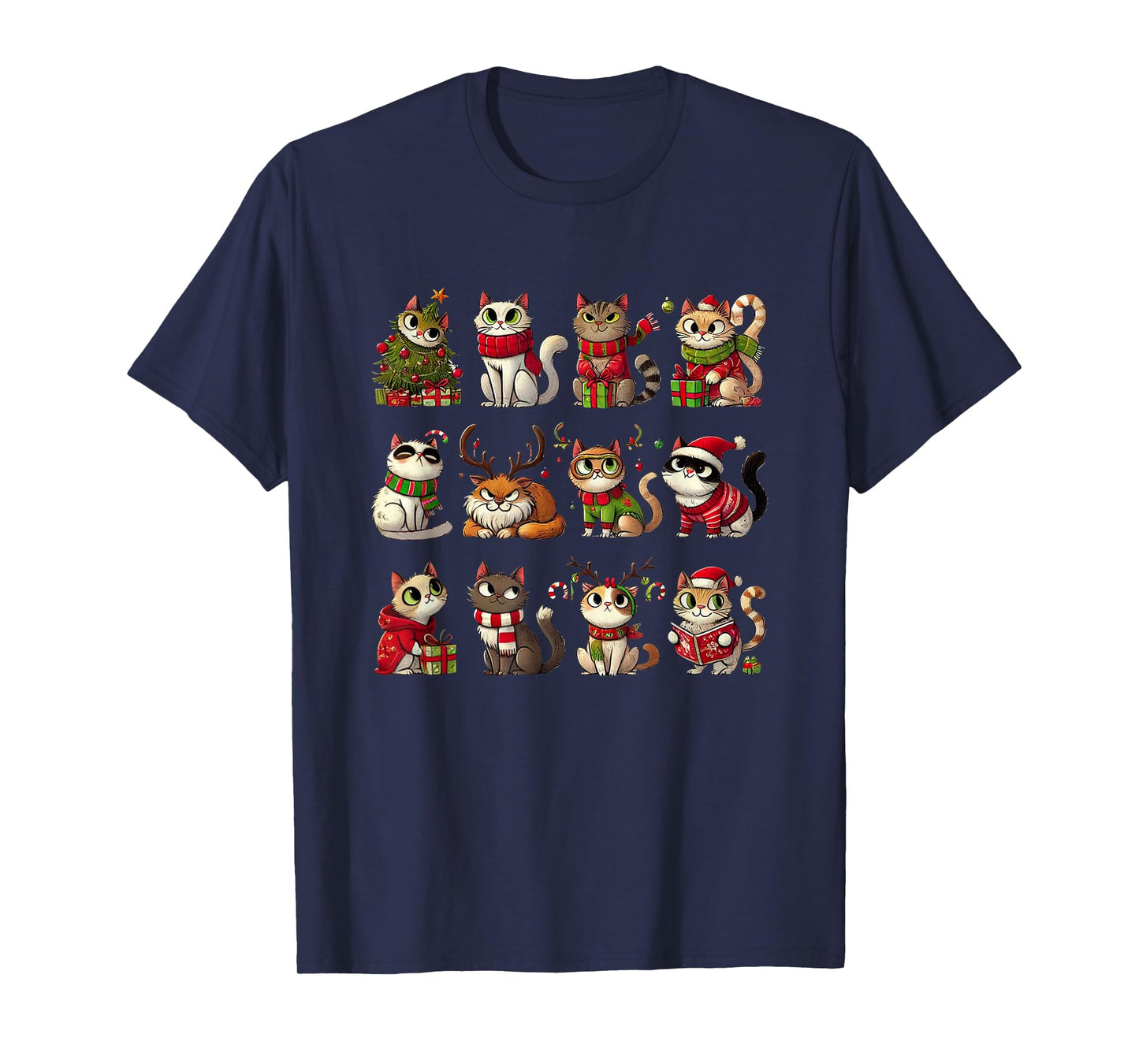 Cat Christmas Shirt Reindeer Santa Xmas Holiday Men Women T-Shirt