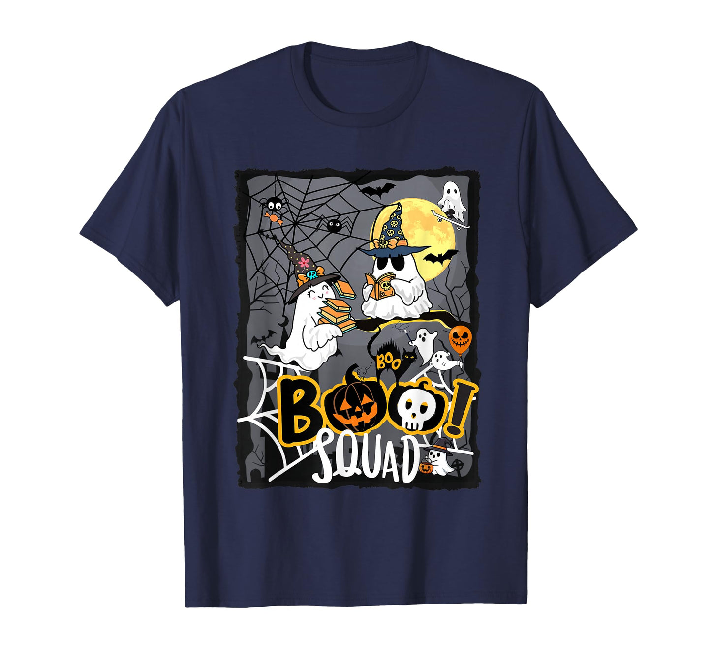 Boo Squad Ghosts Read Books and Candy Pumpkin Moon Black cat T-Shirt