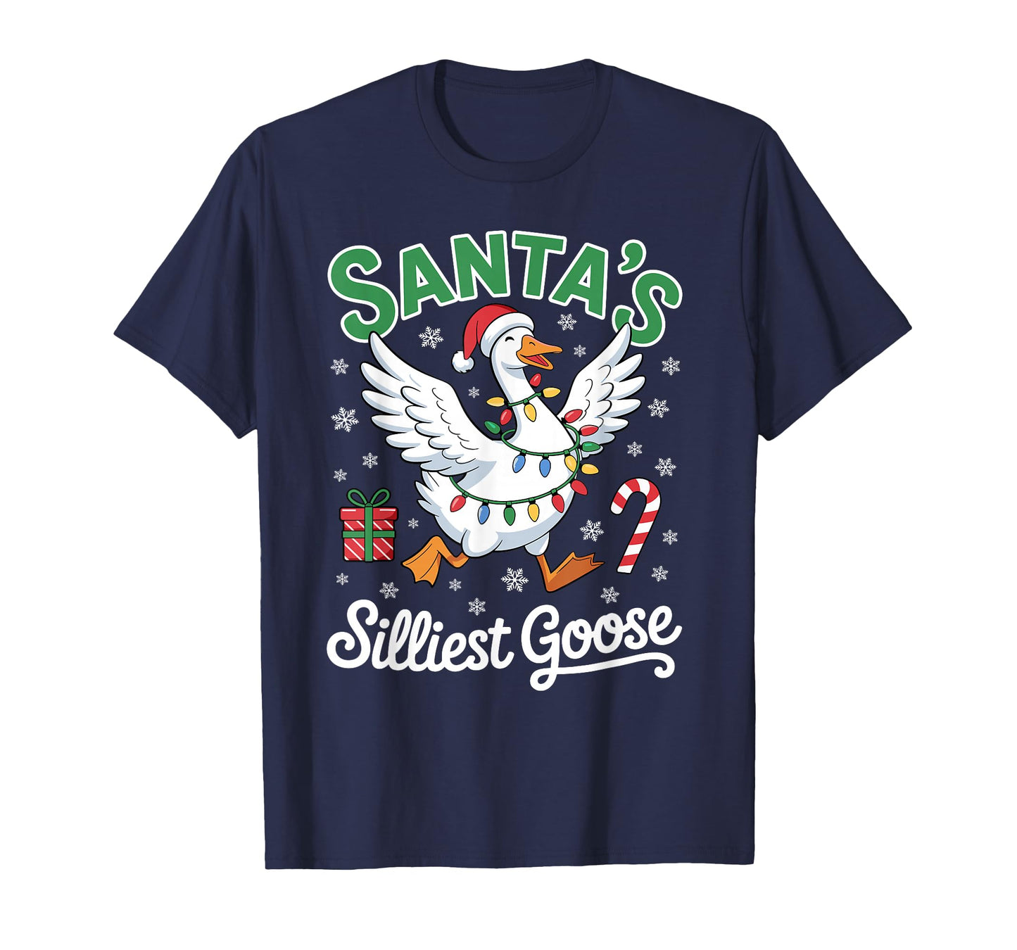 Santa's Silliest Goose Stars Candy Joyful Christmas Lights T-Shirt