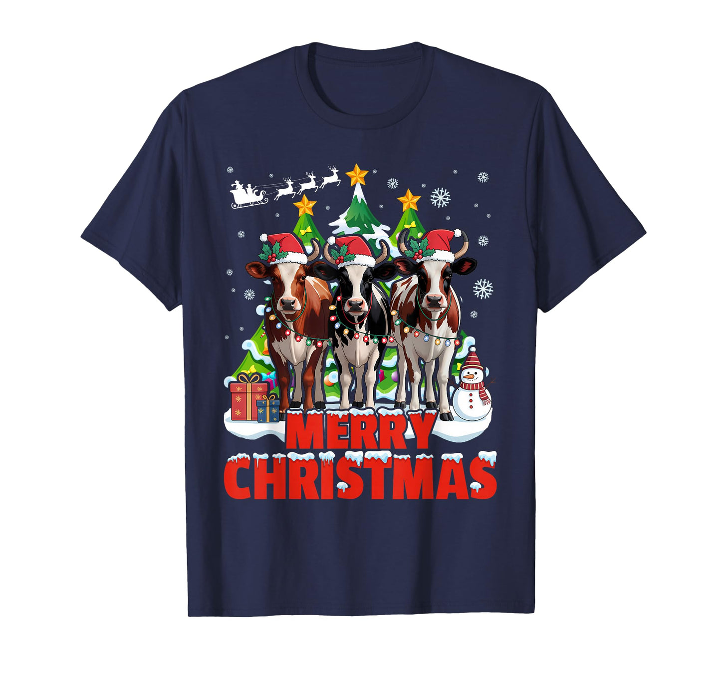 Cow Reindeer Hat Santa Christmas Lights Funny T-Shirt